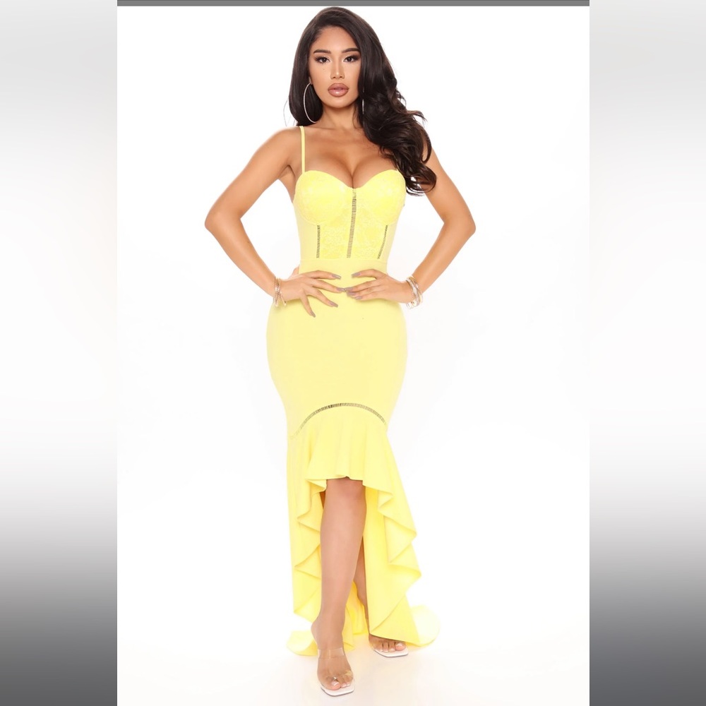 Yellow lace high low ballroom mermaid wedding guest cocktail evening dress